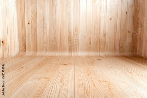 Light-brown wood floor and wall creating a curved, empty room