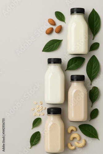 Variety of Plant-Based Milk Bottles With Nuts and Leaves Arranged on a Light ...