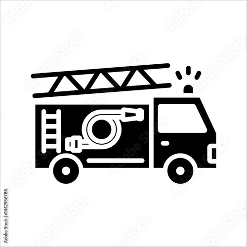 Fire emergency firetruck icon set. Black fire truck with ladder silhouette and line icon.