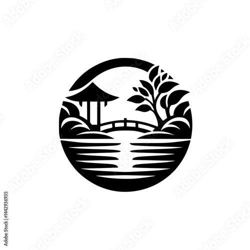 Tranquil Asian Garden Scene Black Silhouette in Circle - Pavilion, Bridge, Water & Tree Minimalist Zen Landscape Illustration