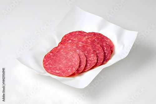Thinly sliced, pinkish-red cured sausage on white paper