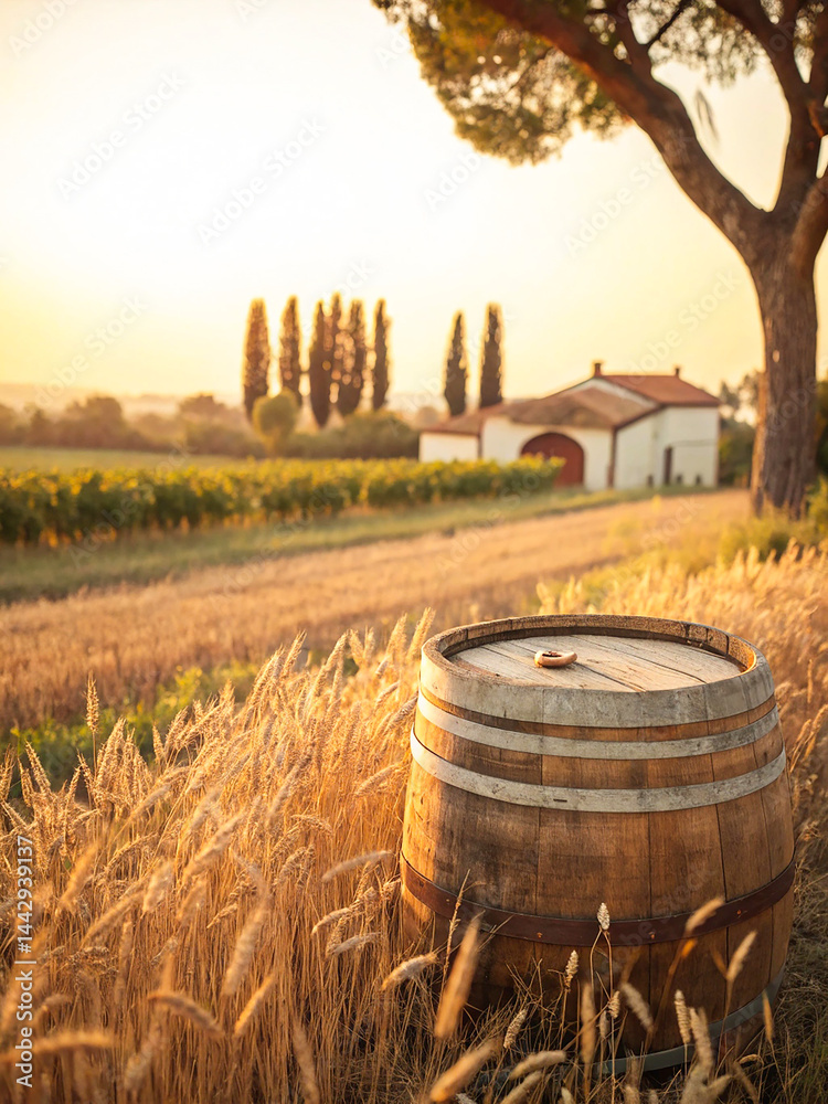 Obraz premium A peaceful countryside wheat field bathed in golden hour sunlight, with tall golden stalks swaying gently under a warm sky. The soft glow enhances the natural beauty, creating a serene and timeless ru