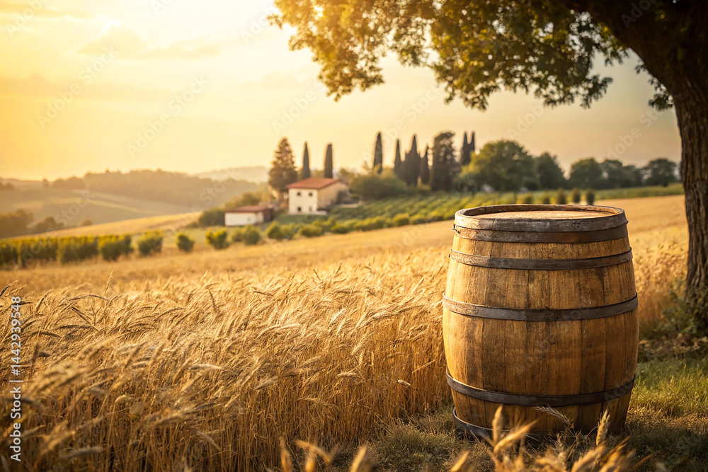 Obraz premium A peaceful countryside wheat field bathed in golden hour sunlight, with tall golden stalks swaying gently under a warm sky. The soft glow enhances the natural beauty, creating a serene and timeless ru