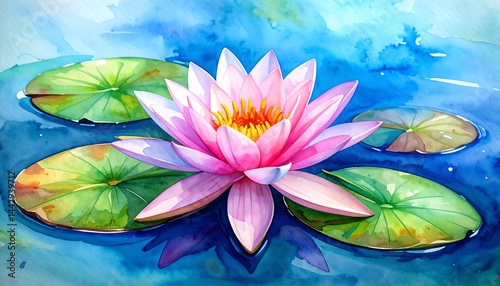 Wallpaper Mural Beautiful water lily in vibrant watercolor style with floating leaves and serene blue background Torontodigital.ca