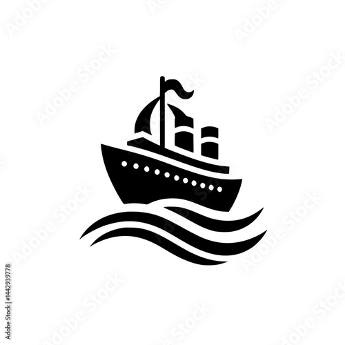 Stylized Black Ship Icon on Waves - Classic Steamship Silhouette for Travel & Transport