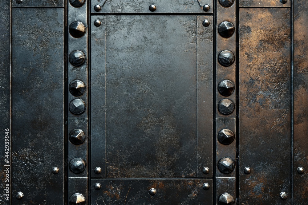 Industrial metal texture with rivets and worn surfaces.