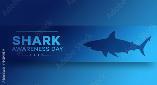 Shark awareness day banner featuring shark silhouette swimming in blue ocean