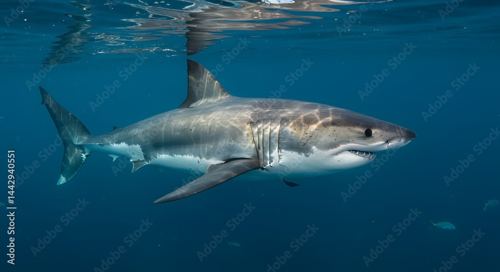 Fototapeta premium Great white shark swimming calmly in blue ocean for shark awareness day