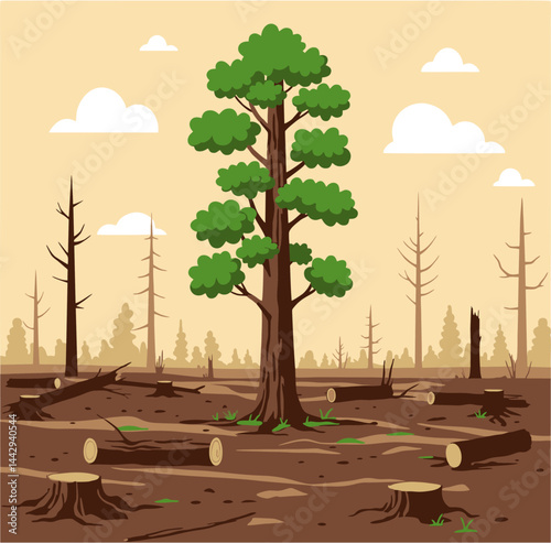 Illustration of a Single Tree Surviving Deforestation Vector