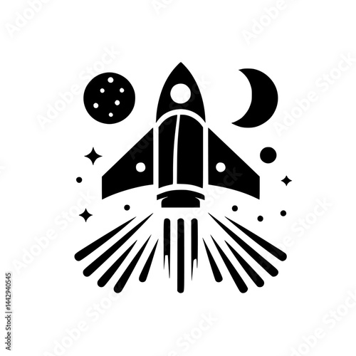 Minimalist Rocket Launch Icon Illustration: Black & White Space Travel Graphic with Moon, Planet, & Stars