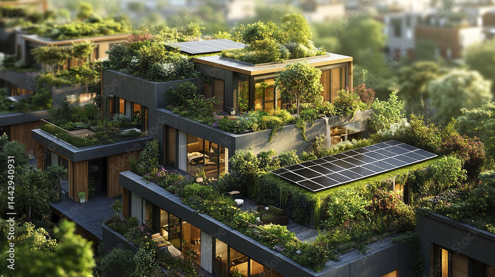 Obraz premium Urban green architecture with solar power integration creates sustainable living environment