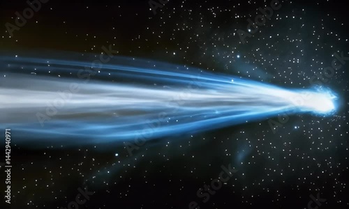 Comet with bright blue tail in space.