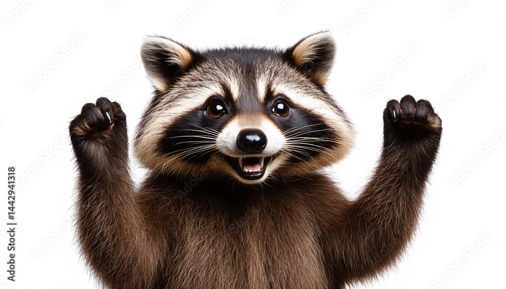 Obraz premium Celebratory Raccoon with Raised Paws Isolated on White Background, Wildlife Animal Portrait, Playful Mammal Gesture