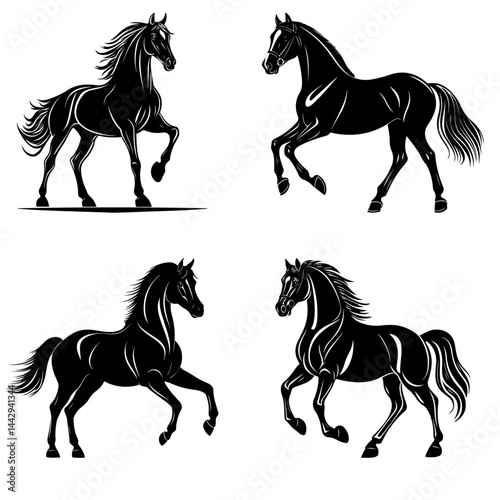 Collection of four American Saddlebred horse silhouettes showing the breed’s elegant and refined build. Each horse is illustrated in motion with high-stepping gaits and flowing tails, capturing the gr