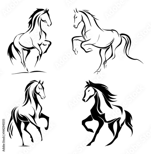 Collection of four minimalist rearing horse illustrations, drawn with elegant flowing lines. These stylized horse figures capture dynamic movement with a modern, artistic approach