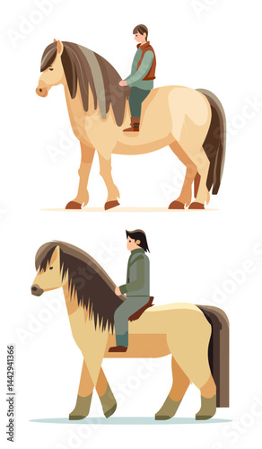 Children riding on a fjord horses, flat illustration