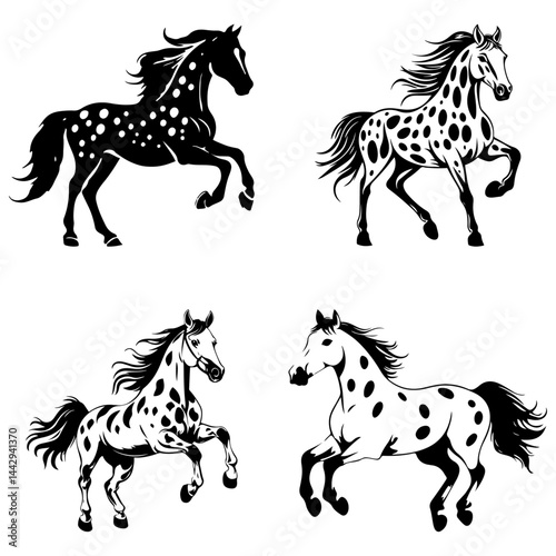 Spotted horses galloping - black and white illustration
