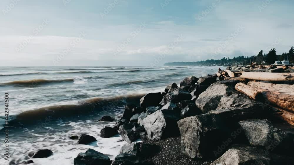 Calm ocean waves crash against rocky shore at a serene coastal location during the day Calm ocean waves crash against rocky shore at a serene coastal location during the day