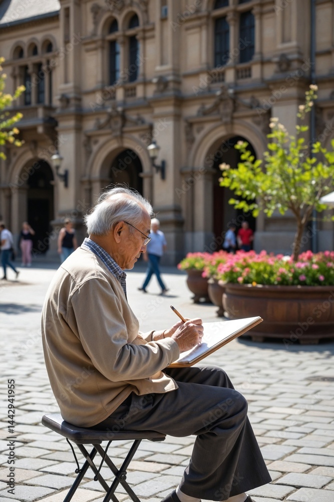 Obraz premium Retirement Pastime: Elderly Asian Man Drawing Historic Structure from Portable Seat