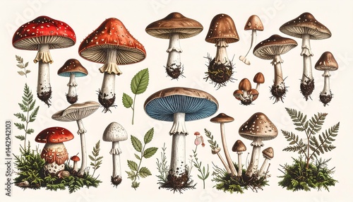 Colorful and Vibrant Illustrations of Various Mushroom Species with Detailed Features and Background Elements