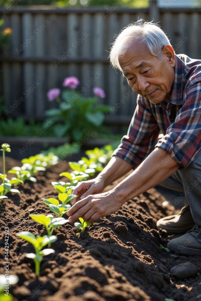 Fototapeta premium Experienced Gardener: Elderly Asian Man Kneeling by Tidy Backyard Vegetable Bed