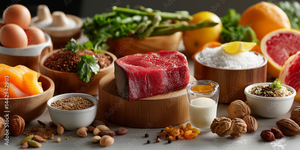 Verschiedene frische Lebensmittel auf rustikalem Holztisch mit Fleisch, Gemüse und Eiern