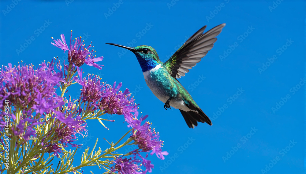 Naklejka premium Vibrant Hummingbird Hovering Near Purple Flowers, Iridescent Feathers in Sunlight, Nature Wildlife Close-Up