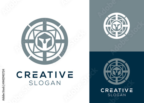 Abstract letter T with indian dream catcher and warrior helmet logo design