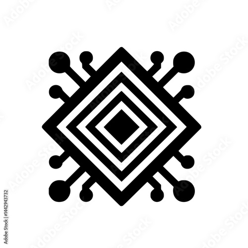Abstract Geometric Symbol Black and White Graphic - Nested Diamond Icon with Connectivity Elements, Modern Design