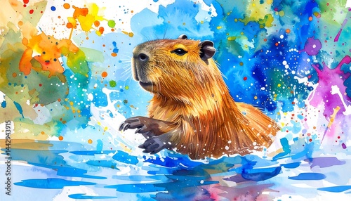Vibrant Capybara Swimming in Colorful Splash of Watercolors Creating a Whimsical Artistic Scene
