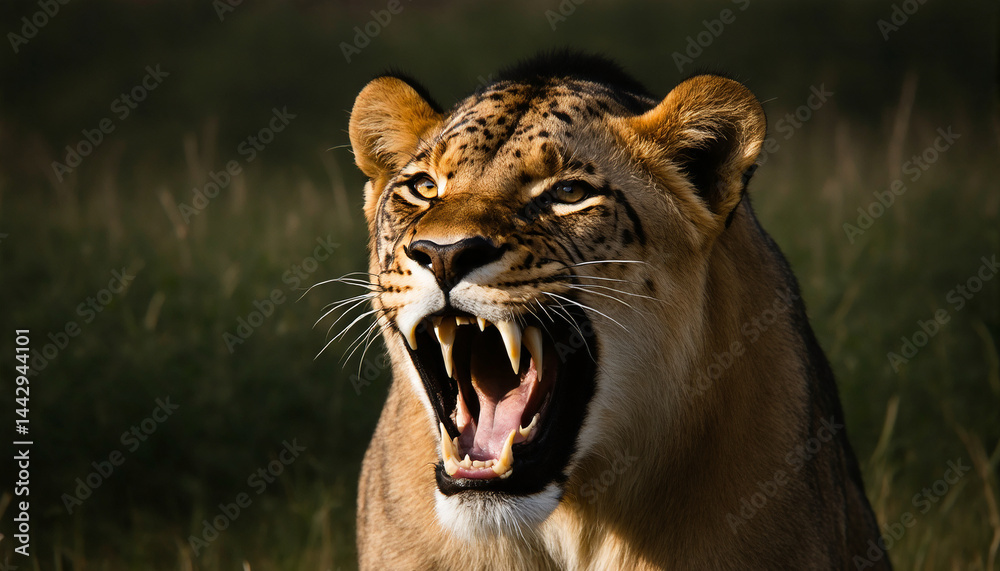 Naklejka premium Fierce Lioness Roaring Close-Up, Wild African Predator, Majestic Big Cat in Action, Wildlife Photography