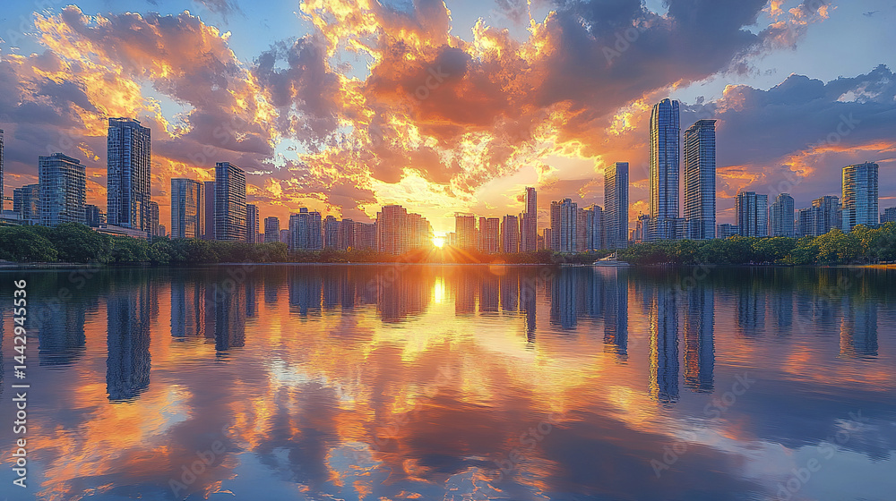 Fototapeta premium stunning urban skyline at sunset, reflecting beautifully on water surface