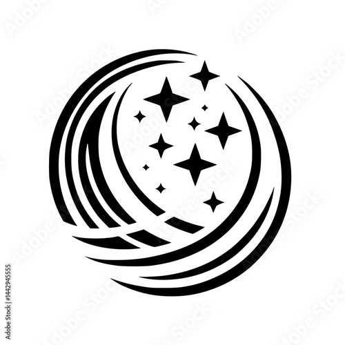 Abstract Dynamic Sphere with Stars Icon - Black & White Cosmic Graphic Design Element