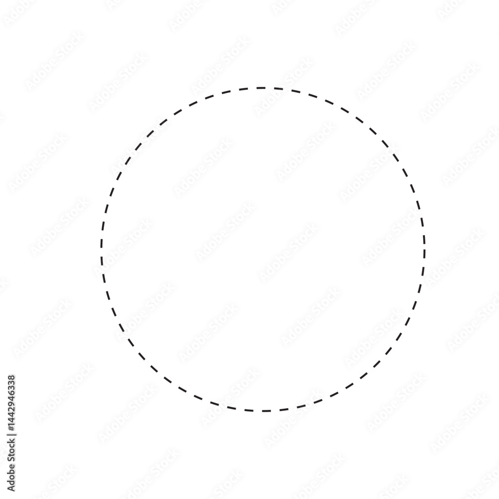 Dashed circle shape isolated on white background. Basic geometric round figure with dashed line. Cut here pictogram. Vector outline illustration. Dashed circle shape isolated on white background. Basic geometric round figure with dashed line. Cut here pictogram. Vector outline illustration.