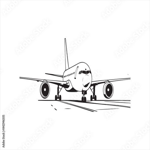 A simple black and white line drawing of a large passenger jet positioned on a runway.