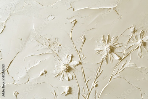 Ornate plaster wall decor with embossed floral designs.