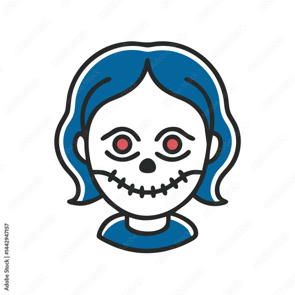 Creepy porcelain doll face with red eyes and blue hair Creepy porcelain doll face with red eyes and blue hair