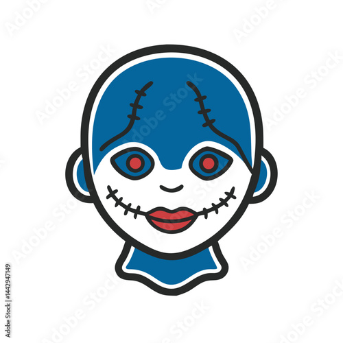 Creepy porcelain doll face illustration in bold colors  