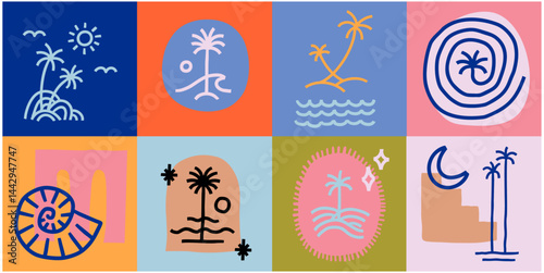 Vector hand drawn palms illustration, hippie boho palm tree surfer style doodle set, header banner design

