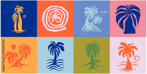 Vector hand drawn palms illustration, hippie boho palm tree surfer style doodle set, header banner design
