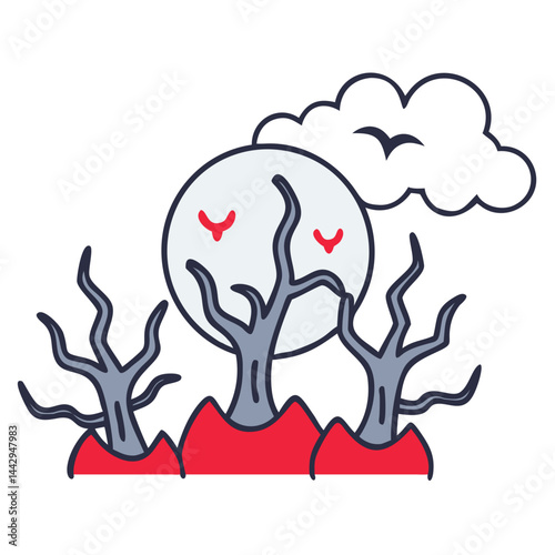 Eerie foggy forest with ghostly trees and a full moon  