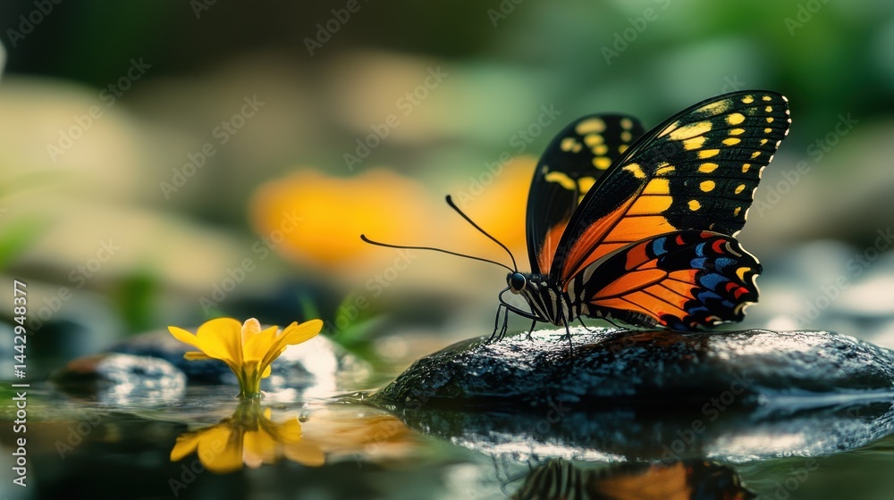 Obraz premium Vibrant orange and black butterfly on rock near yellow flower in tranquil nature scene