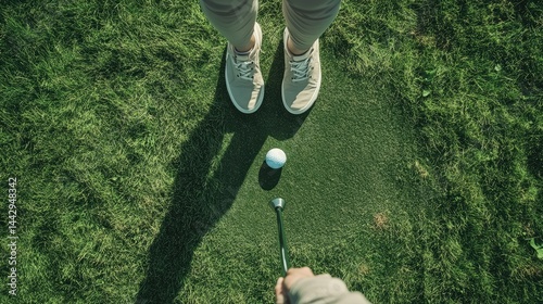 Aerial view of a golfer preparing to putt.