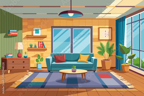 Cozy modern living room illustration with large windows, green walls, and stylish furniture