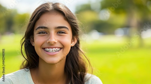 A smiling young girl wearing braces and a beige hijab sits outdoors, exuding joy.