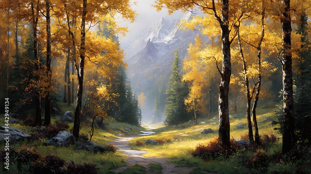 Forest path leads to mountains Forest path leads to mountains