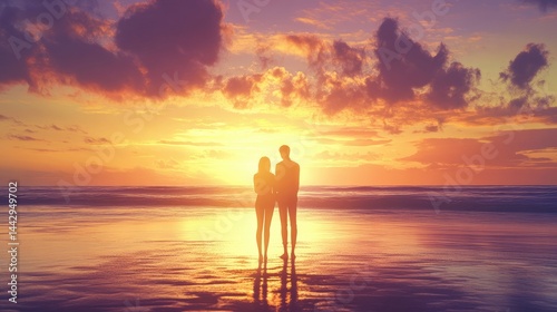 A couple stands close together on a sandy beach, with one person’s arm wrapped around the other.
