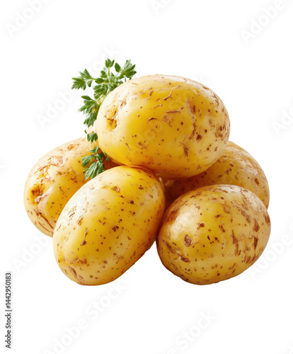 A pile of fresh, golden baby potatoes with a touch of green herbs on top, placed on a transparent background. Concept of fresh vegetables and natural ingredients