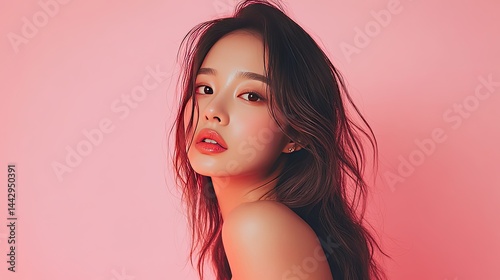 A young woman with long, dark hair styled in a loose updo poses against a soft pink background.