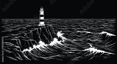 Lone Lighthouse, Rocky Cliff, Turbulent Waves